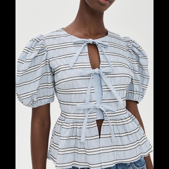 English Factory Tops - English factory size large Striped Puff Sleeve Top - Blue and White